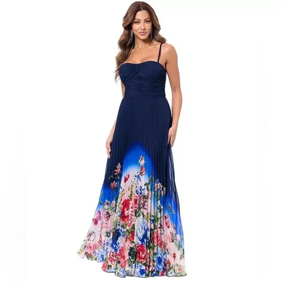 Xscape Navy Blue Sunburst Floral Ombre Pleated Gown Maxi Dress - Picture 1 of 3